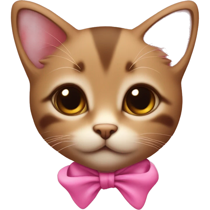 Little brown kitten with a pink ribbon around its neck, with big brown eyes and pink toungue emoji