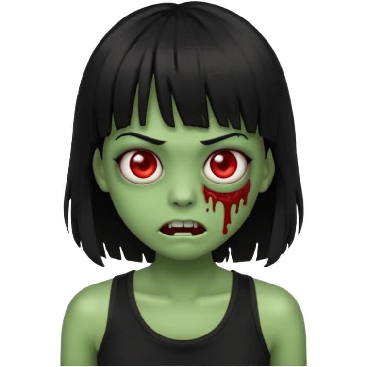 Zombie emoji with long black hair and bangs, with green skin, big red eyes, small nose, and a simple black tank top.  emoji