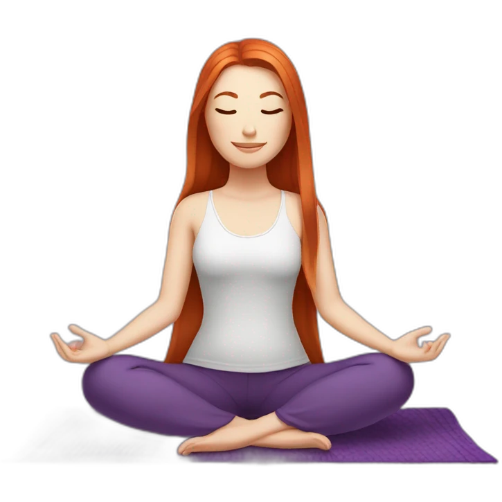 redhead white woman long medium straight hair, meditating on a violet blanket emoji