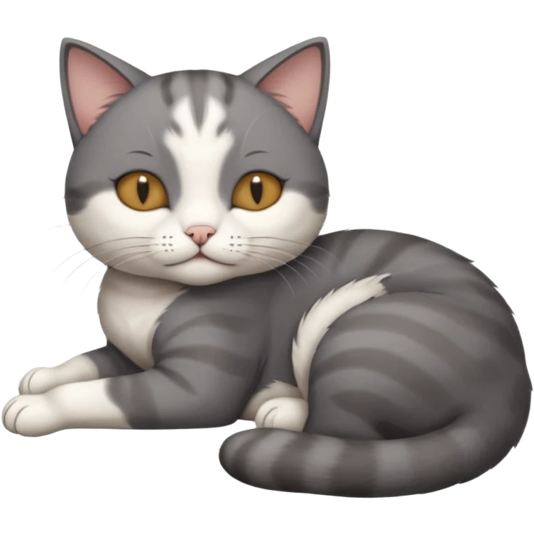 dark grey and white small cat with his eyes closed lying down leaning on its elbow with its paw curled under its head holding it up emoji