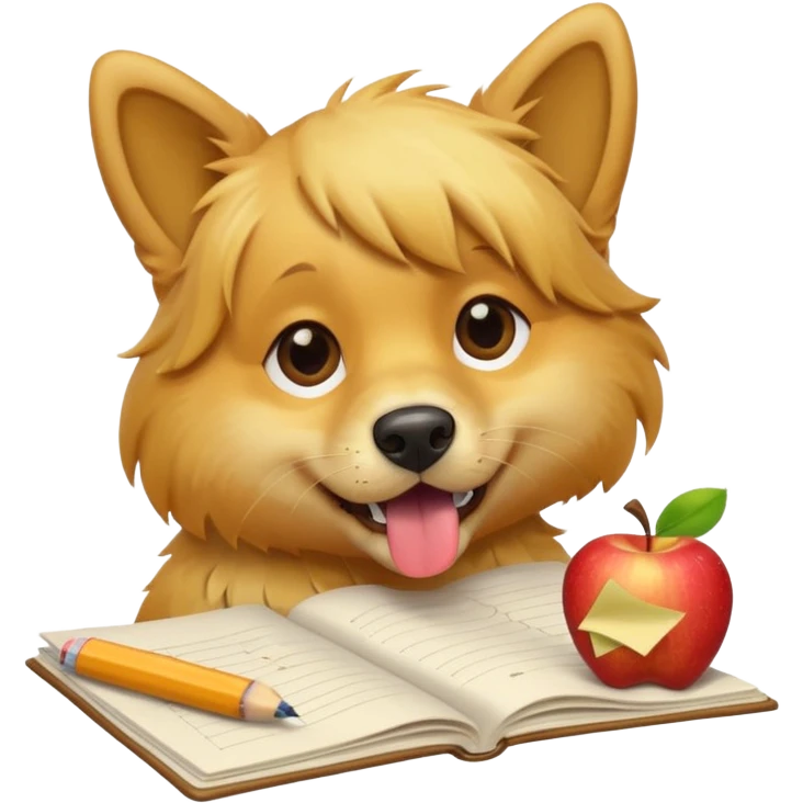 playful dog munching on homework, paper scraps falling from mouth, apple style emoji emoji