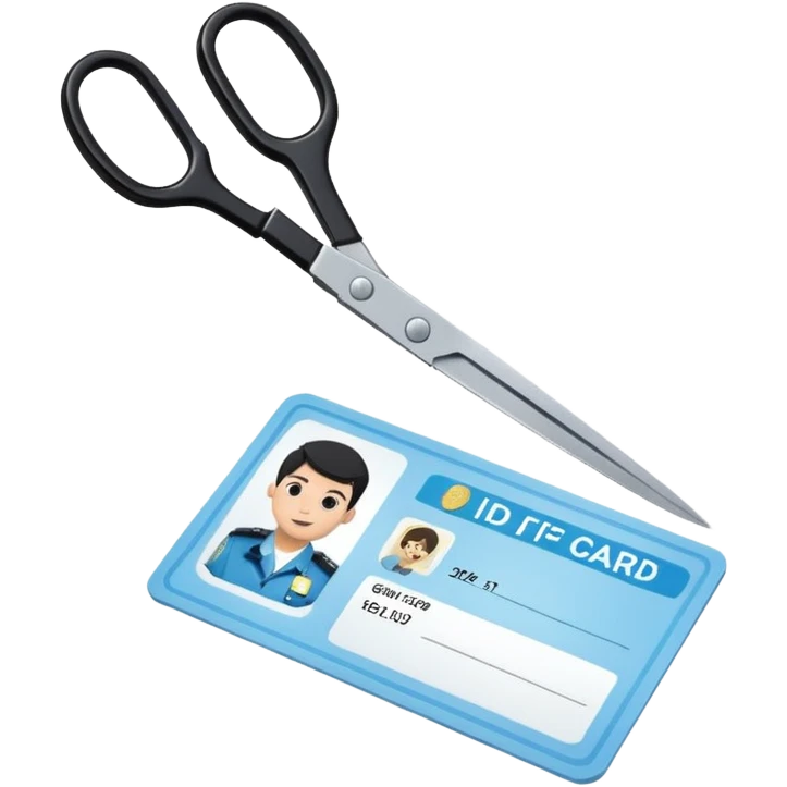 Floating black Scissors cutting a light blue idf ID card in 2 parts .hyper realistic emoji