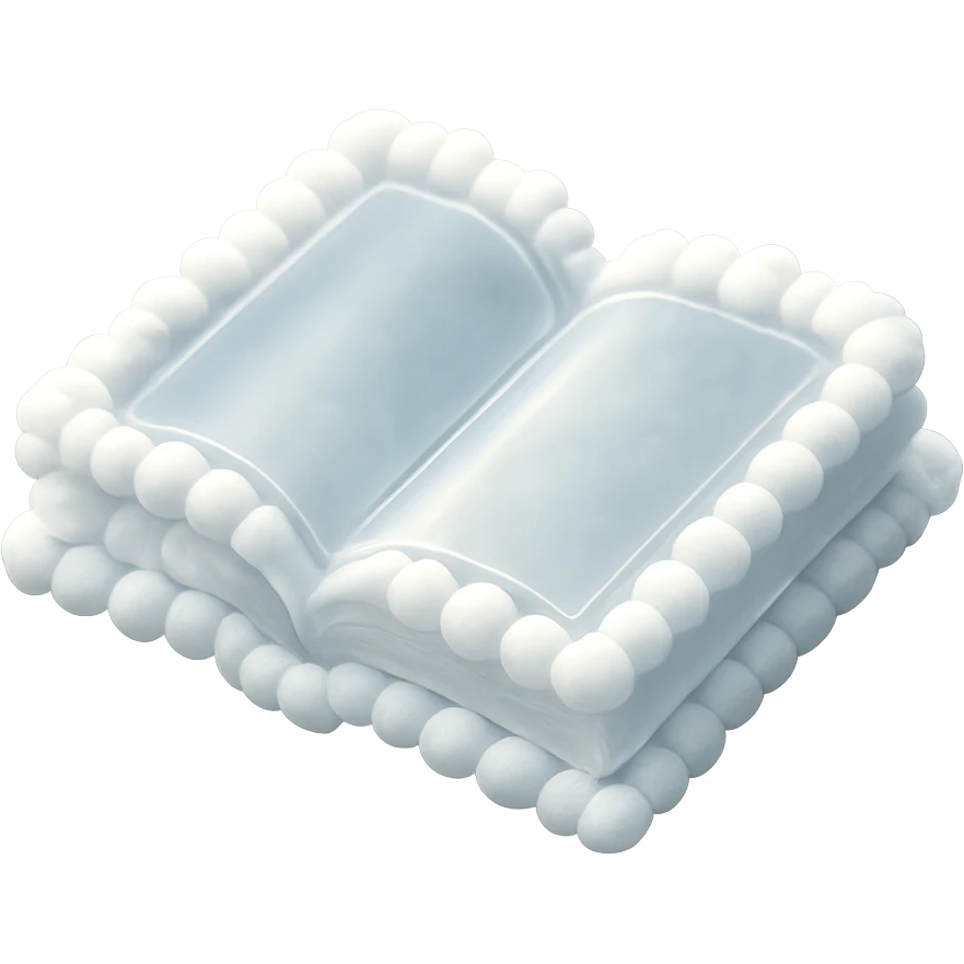 top view of a thick open book made entirely of small, very bright white fluffy convex clouds, matte glass style emoji