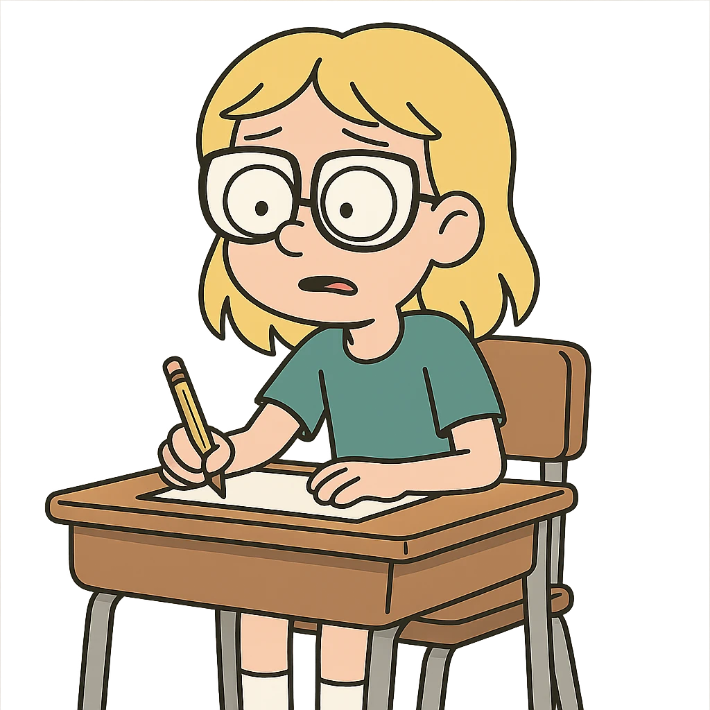 6th grade girl with blonde hair and glasses, sitting at a desk, cartoon style emoji