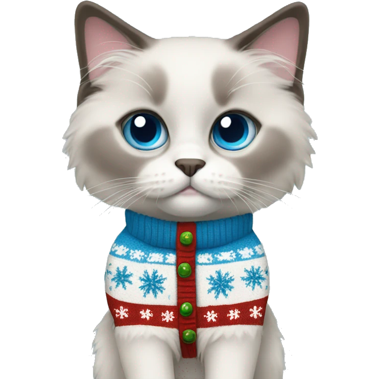 Ragdoll with blue eyes wearing a christmas sweater emoji