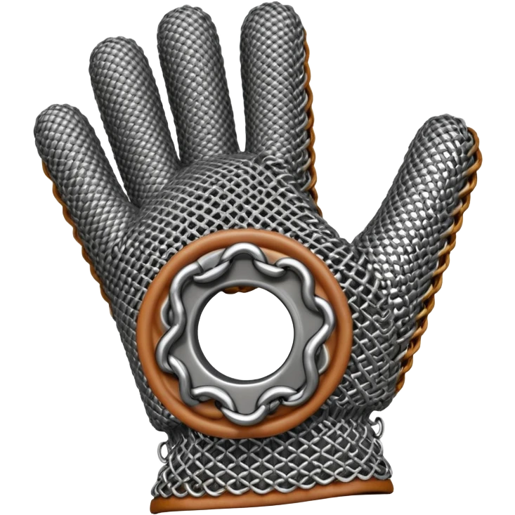 3D render of Butcher’s Glove, made of interlocking chainmail metal rings, wire mesh texture, visible holes and negative space, metallic silver and grey, high contrast shadows, Apple emoji style, isolated on white background --v 6.0. emoji