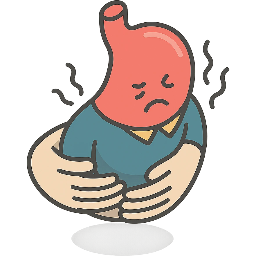 close-up of a sick stomach in clothing with hands holding the stomach, waves showing pain, detailed shadows and highlights, no face or legs, only stomach in clothing, hands and visualization of pain, transparent background emoji