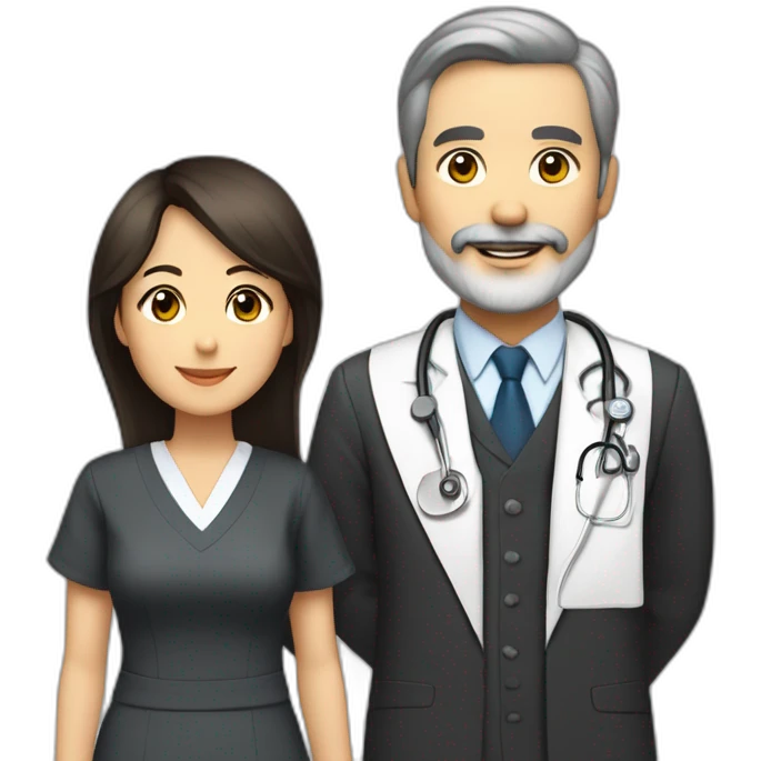 husband american age 64 dark brown hair trimmed beard wearing a business suit holding a bible, wife asian age 64 black shoulder length hair wearing nurse uniform, no children emoji