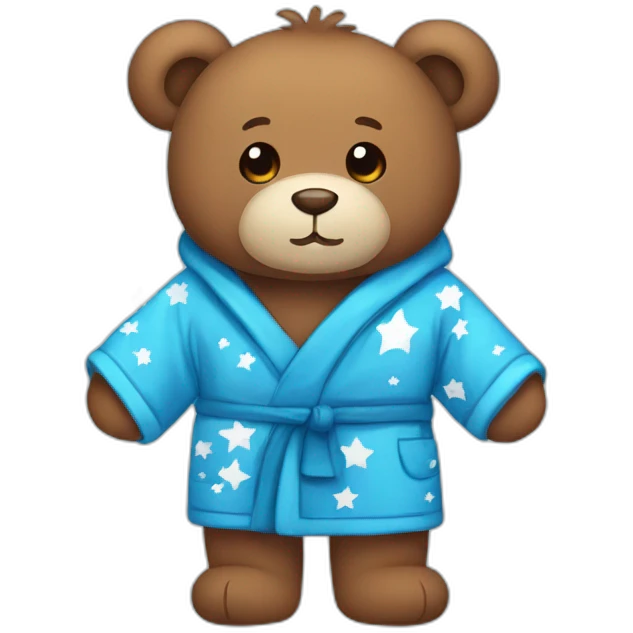 A brown teddy bear wearing a blue bathrobe with white stars emoji