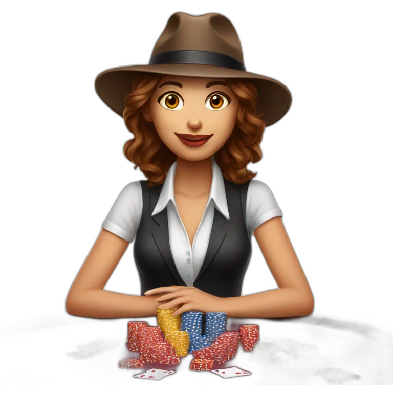 female with brown wavy hair playing poker with a poker dealer hat emoji