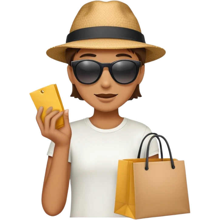 mystery shopper wearing sunglasses and a hat, holding a shopping bag emoji