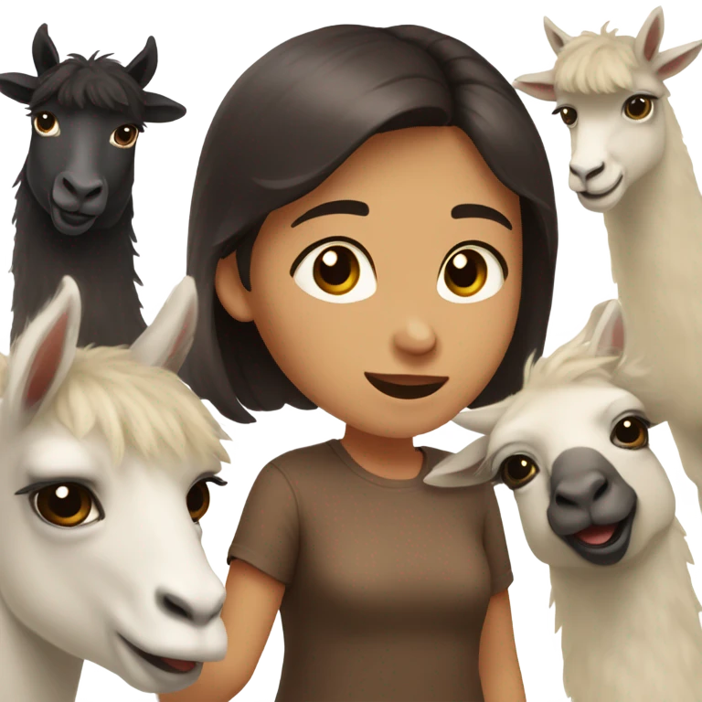 dark brown haired girl with dark brown eyes and light skin with llamas emoji