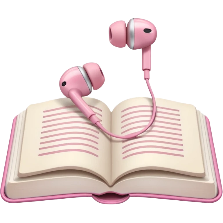 pink Pink Apple-style earbuds lying on an open book, soft pastel tones, cozy and minimal aesthetic, realistic lighting and shadows, top-down view, transparent background" emoji
