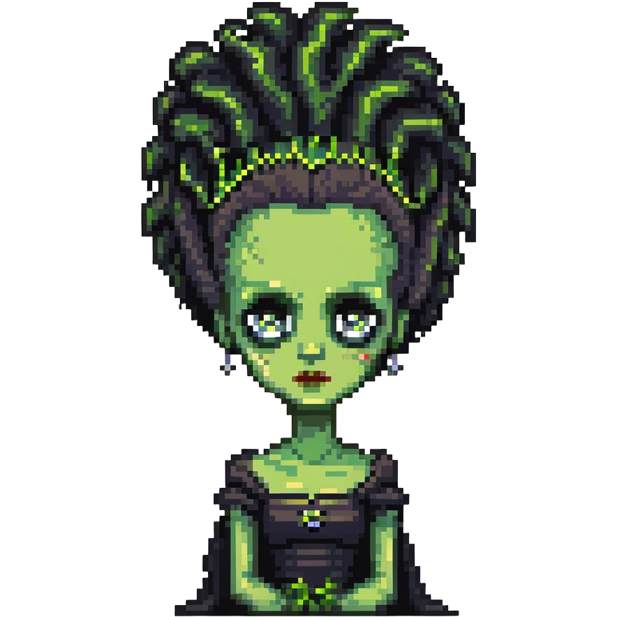 cute pixel Bride of Frankenstein with big eyes and signature hair emoji