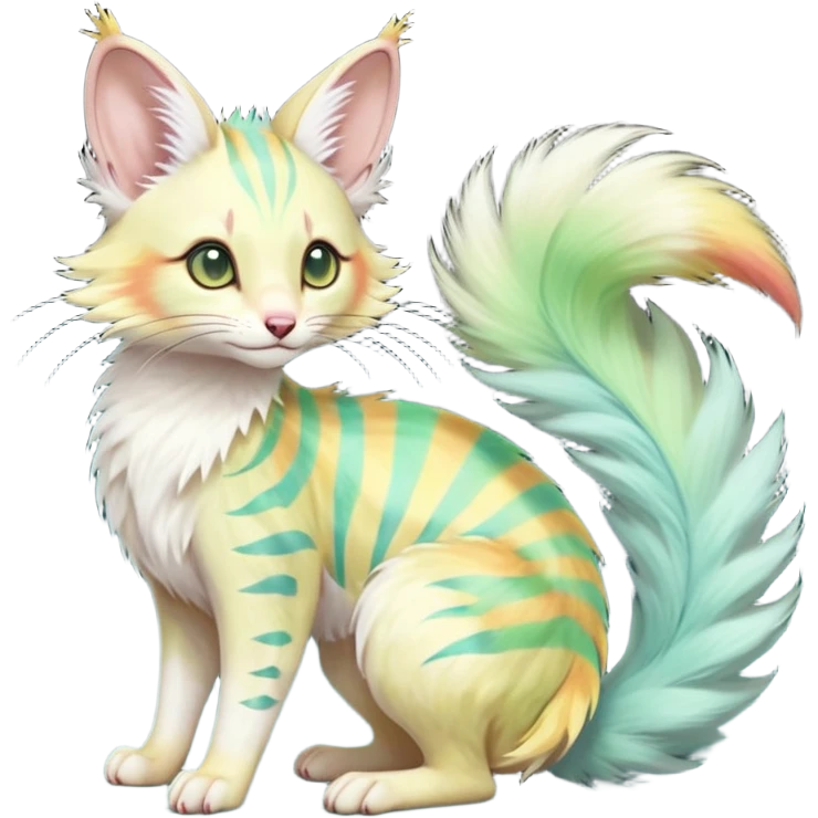  cute adorable yellow-green-turquoise-gradients albino fur with random colorful iridescent rainbow markings beautiful elegant pretty precious cute  Fakémon-Pokémon-opossum-feline-serval-caracal-chinchilla-Minccino-hybrid-creature with a big fluffy bushy striped tail (full body) emoji