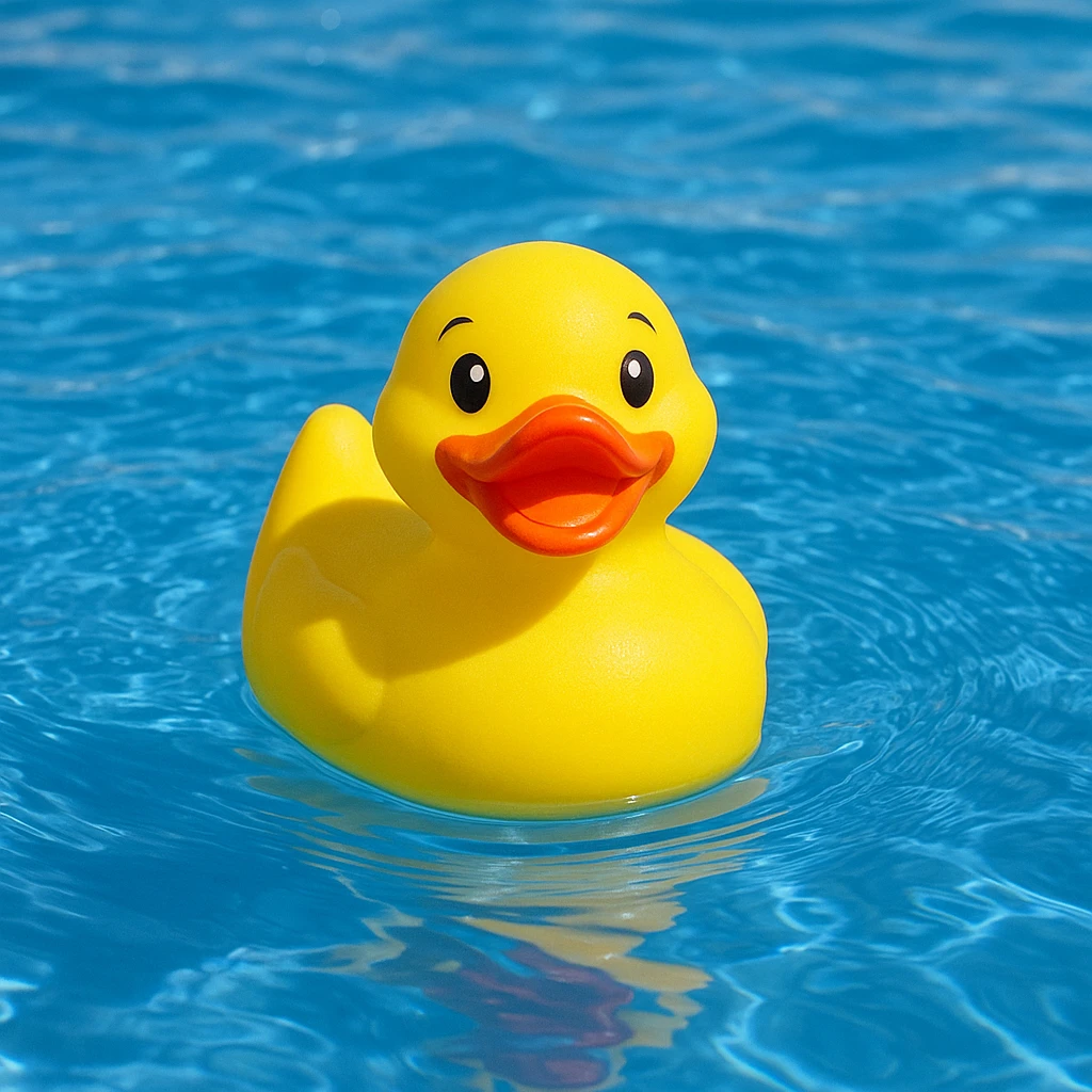 a cheerful yellow rubber duck floating on blue water emoji