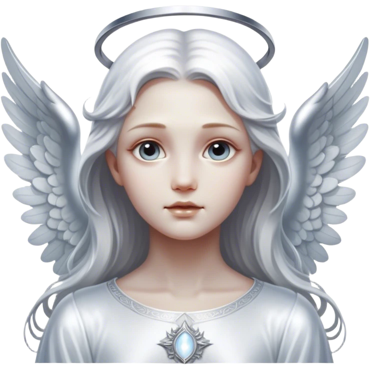 Cinematic Angel, Ultra realistic 32k HD, hauntingly beautiful, Balanced features, highly detailed, glowing with silver light, high shine, remembrance, a painting of white silver, fanciful, enchanting, ghostly. The image is so lifelike it feels as though it could leap off the canvas at any moment emoji