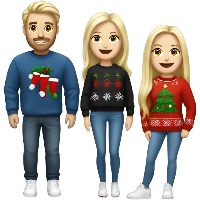 White couple,man with blach hair, blonde hair woman, with christmas jumper and jeans and sneaker emoji