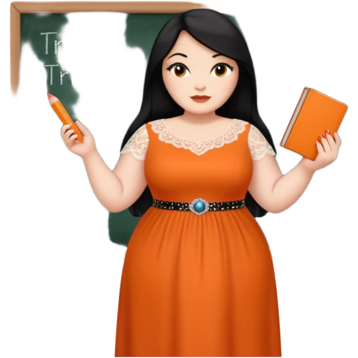  plus-size White woman is wearing makeup. She has long, straight, waist-length black hair and is wearing a full-body orange dress with rhinestones and lace. Her nails are painted orange. She is holding a book in one hand and a crayon in the other. A chalkboard is behind her. emoji