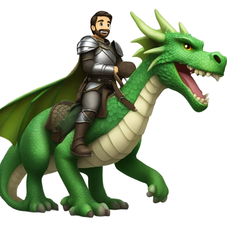 Confident armored White Man with dark brown hair and a short beard riding on the back of a giant green dragon emoji