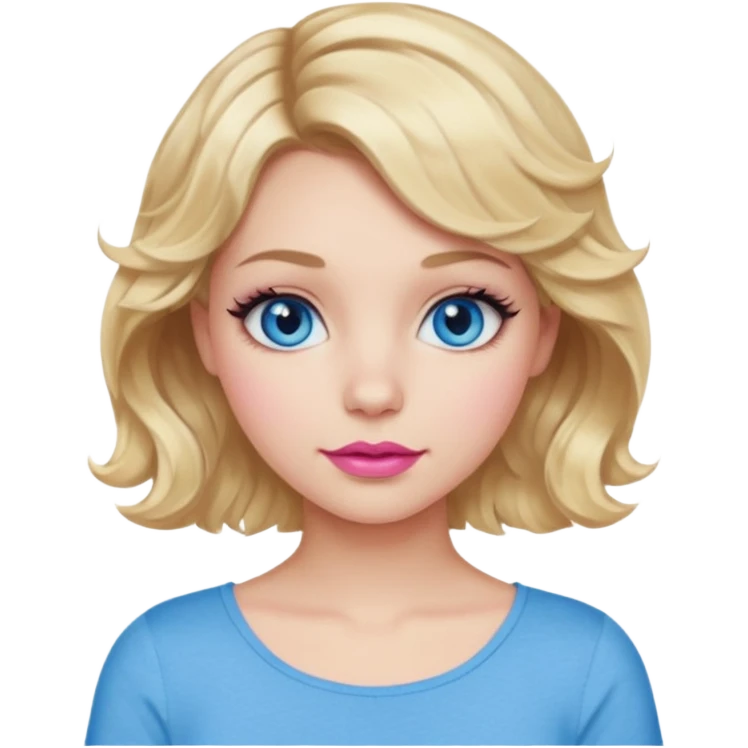 Girl Blonde short wavy hair,  blue eyes, cute blue top, long lashes, pink lips,  emoji