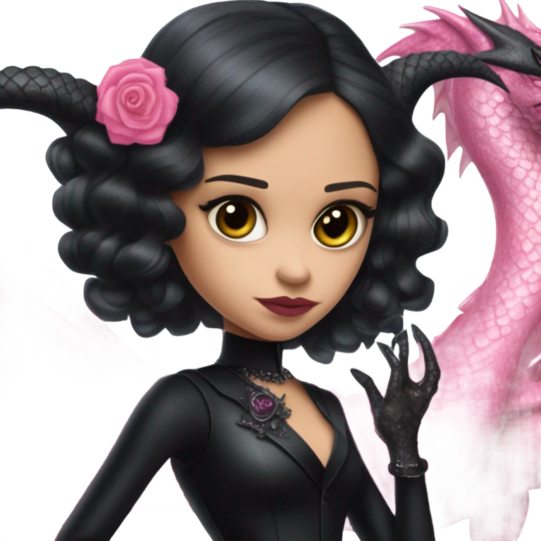 provocatively  Lavish black evening gown with see-through gloves, Jenna Ortega as Addams woman prom queen wearing a mini tiara, very large blood  pink evil-looking horned old dragon bike emoji