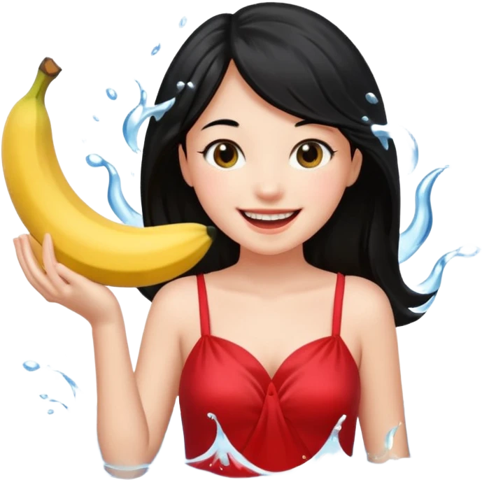 a water splashing banana above a girl with black hair and red dress emoji