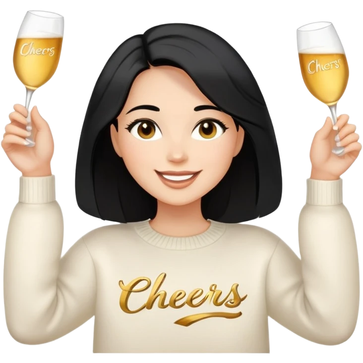 A woman with shoulder-length black hair, light to medium skin tone, full cheeks, and almond-shaped eyes, wearing a white sweater with the word 'cheers' in gold script, lying comfortably on a bed with soft lighting, joyful and radiant expression emoji