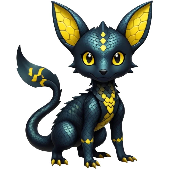 Shiny Dark Cute Majestic Sophisticated Modern Gothic Gloomy Futuristic Scaly Cyber-Salandit-Umbreon-Litten-Hybrid (Full body) emoji