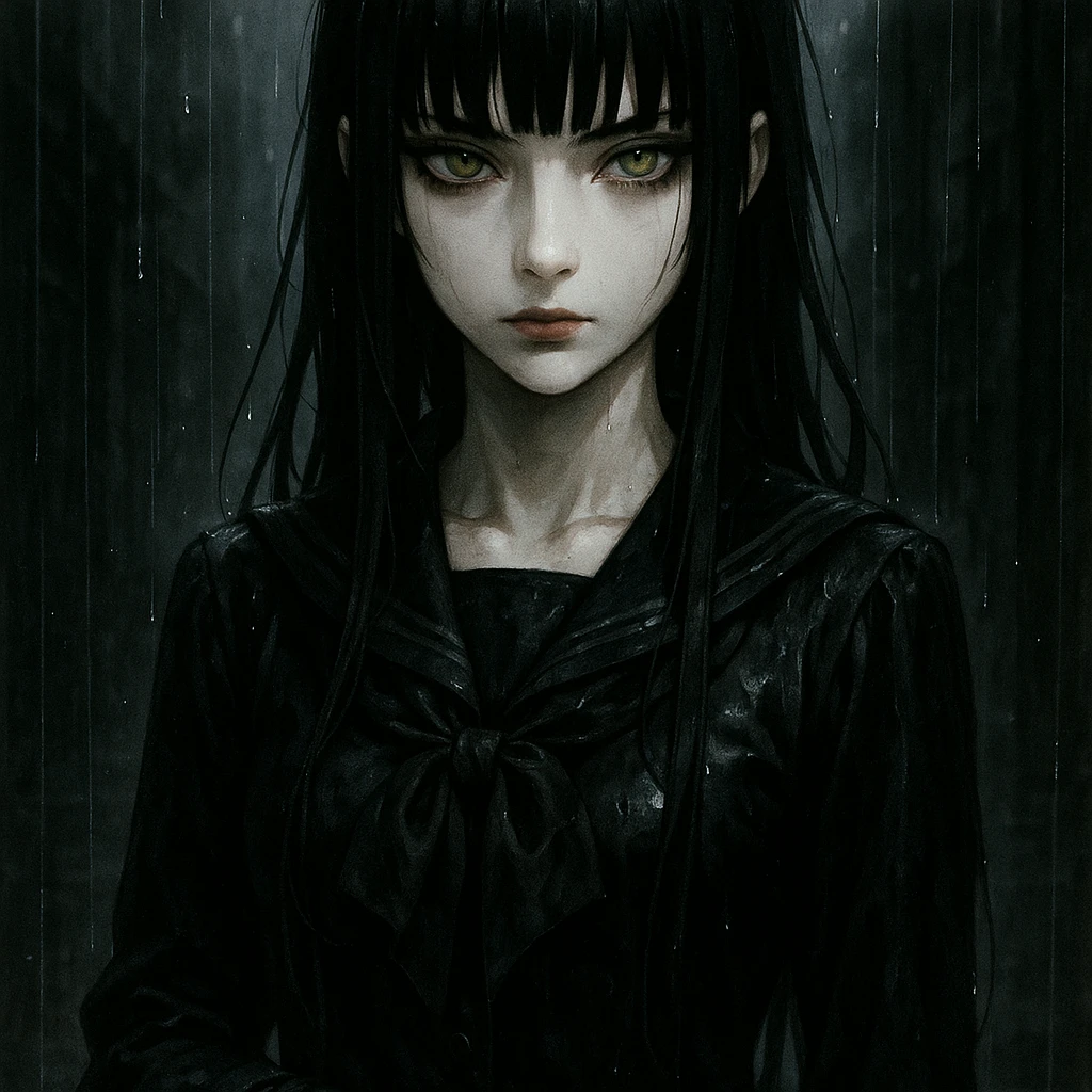 EchoMoon, silent mysterious anime girl, long black hair, sharp bangs, pale skin, amber green eyes, cold beauty, wet black school uniform, gloves, standing in rain, cinematic noir atmosphere, dramatic shadows, gothic shoujo, ultra-detailed emoji