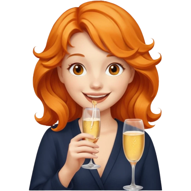 A shy young woman with orange wavy hair gently takes her first small sip of champagne, smiling with excitement. emoji