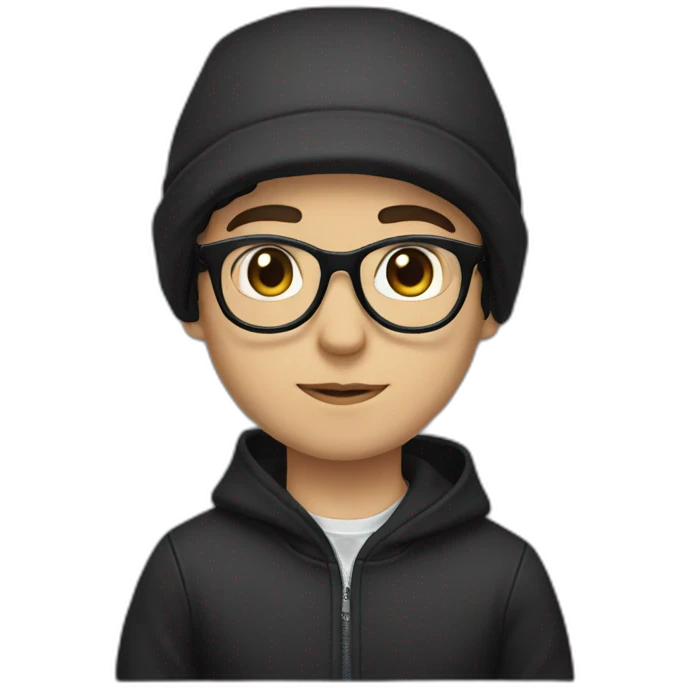 white boy black hair black hoodie cap with glasses emoji