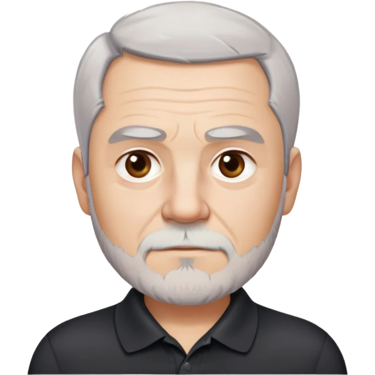 Charismatic older man in his late 50s with light skin, round face with wide features, expressive dark brown eyes, thick slightly arched eyebrows, short white-gray hair with receding hairline, gray scruff beard, neutral-serious expression, wearing black polo shirt emoji