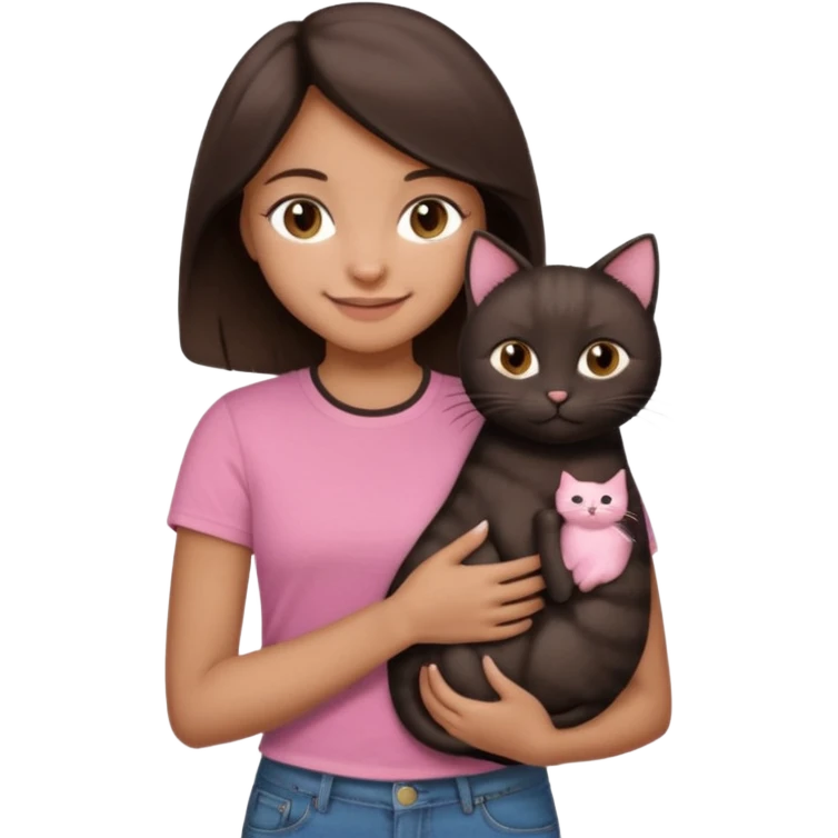 As una chica con piel marron claro con el pelo  medio largo color marron oscuro que tenga la chica una camiseta rosada mangas cortas con un jean claro que tenga ojos marrones la chica que la chica este sonriendo mientras sostiene entre sus brazos 1 gato negro gordito. emoji