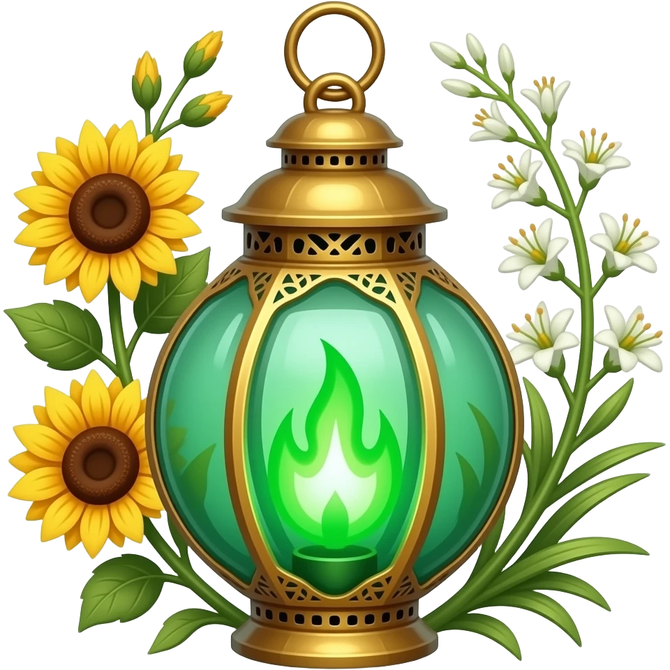 A golden hanging lantern with a bright emerald green flames, an empty loop on top, fae filigree themed sunflowers on the left and asphodels on the right as part of the design, but simple focus more on the green flames, paint the glass more green emoji