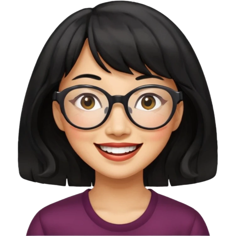 40 yr old asian woman wavy black hair bangs big glasses big smile tanned skin emoji