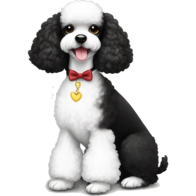 Mini white poodle in tuxedo sitting with mini black poodle in white dress emoji