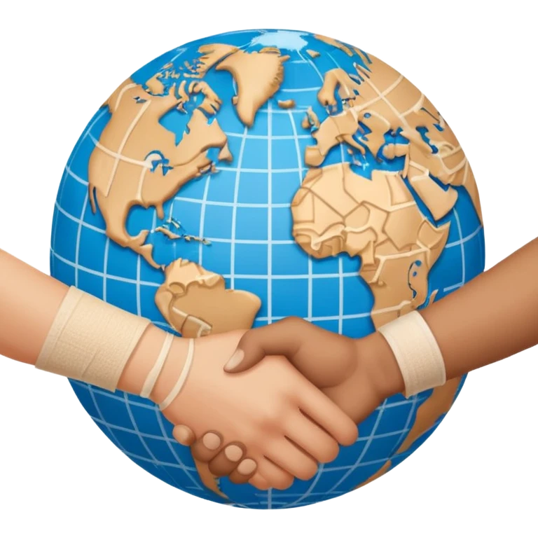 instead of two hands holding a globe, we have two hands handshaking in front of a globe. And in the background, we can see that the globe has a bandage or something.  emoji