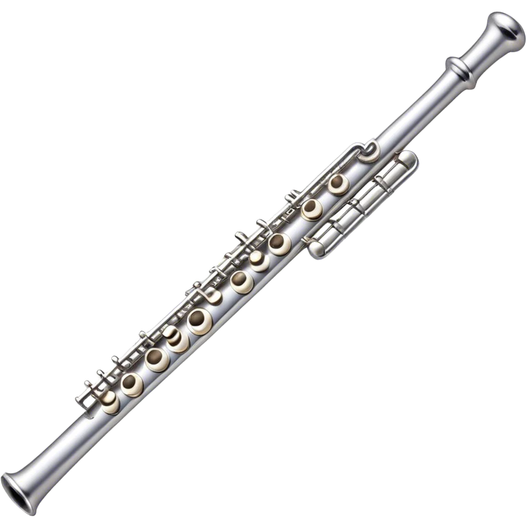 Create an elegant and refined emoji representing a classical silver flute. The design should showcase the sleek, polished silver body of the flute with its keywork and tone holes clearly visible. Highlight the smooth, straight shape of the instrument with subtle light reflections on its metal surface. The keys should be delicately detailed, with their small, round pads visible. Add a slight shine to the flute’s surface to reflect its high-quality craftsmanship. Optionally, include subtle musical notes floating around the flute to evoke its light, melodic sound. The background should be transparent. emoji