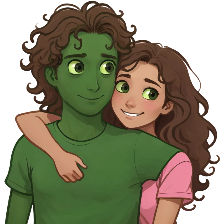 couple cuddling. Girl with dark skin, brown eyes, waist length long curly hair, wearing a pink top. Guy with white skin, green eyes buzz cut, in a white T-shirt. He hugs her from behind. emoji