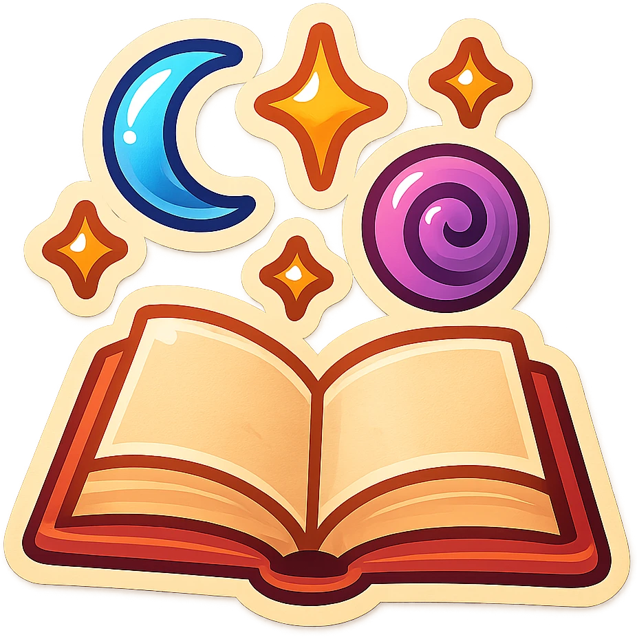 open book with floating magical symbols and stars above, no twigs or leaves, retro sticker style, shadows and highlights emoji