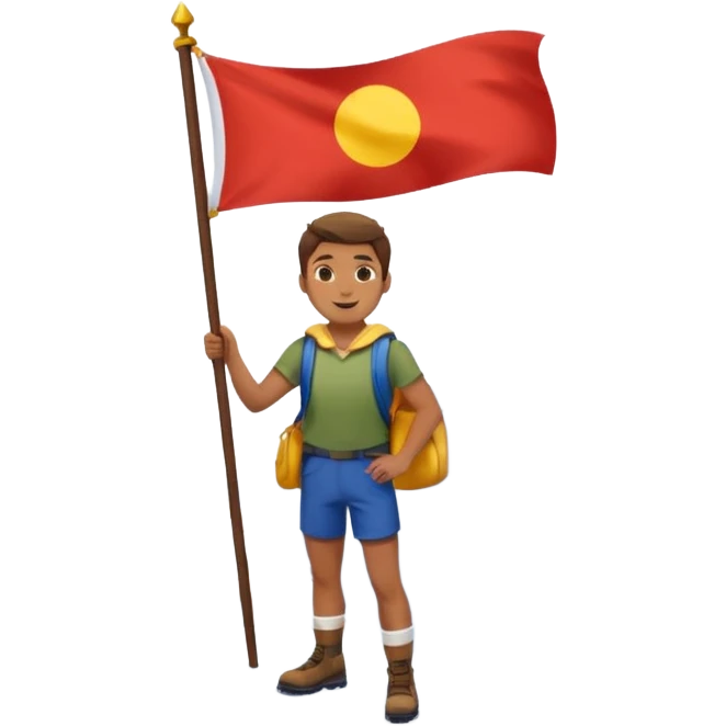 happy guy standing on top of a mountain, mountain clearly visible under his legs, little snow under his feet, holding a flag emoji