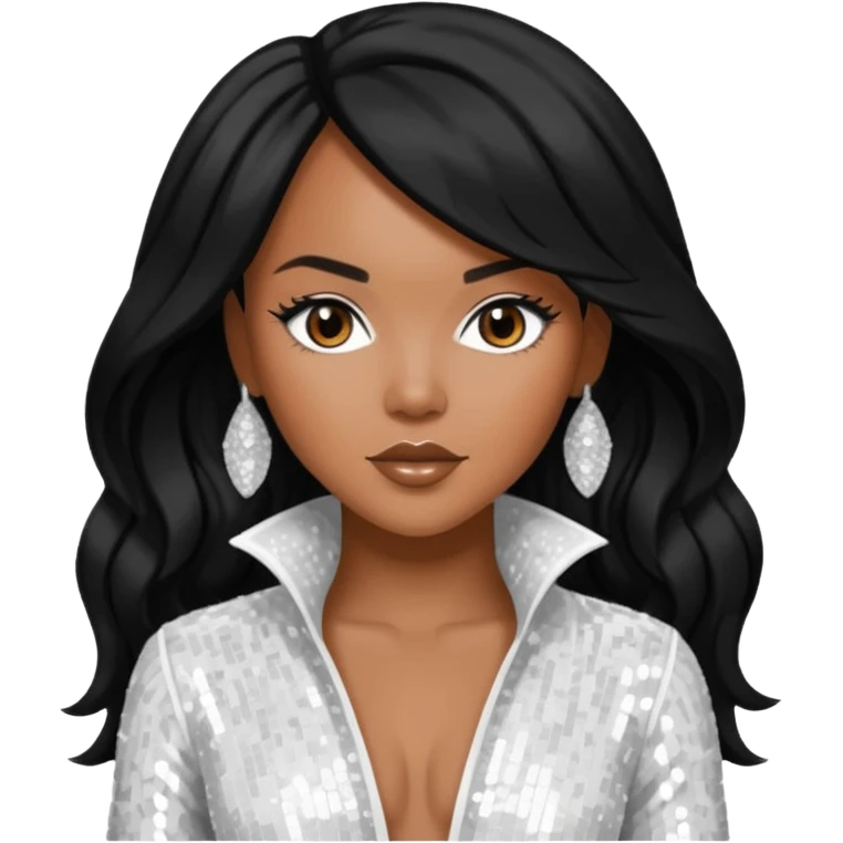 LeToya Luckett with long black hair, white sequin outfit emoji