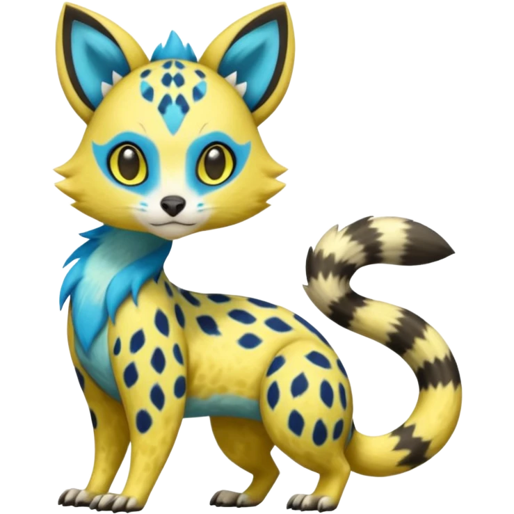 Colorful Yellow Meloetta-Civet-Sergal-Genet-Pokémon-Digimon-Fakémon-fusion-hybrid-creature with Cyan stripes and blue leopard-spot-markings  emoji