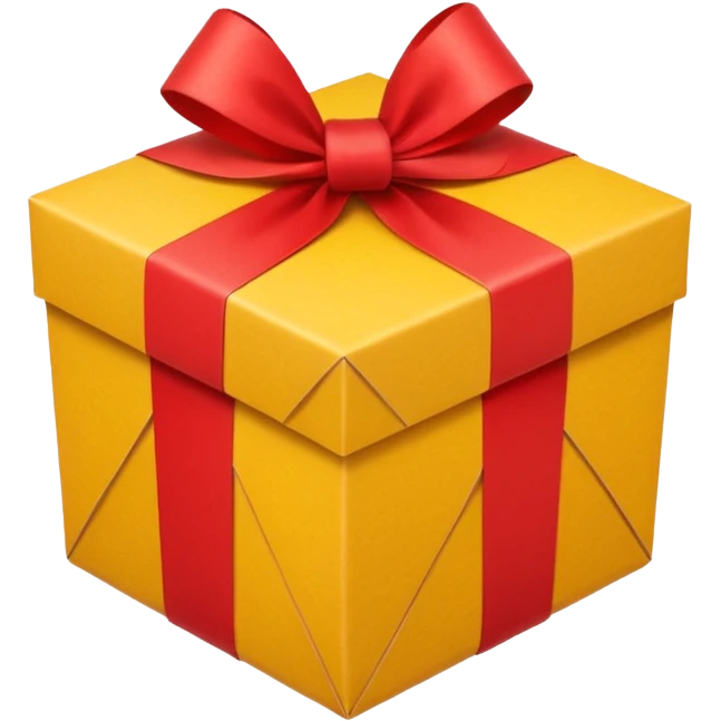 box with yellow wrapping paper and a length of red ribbon surrounding it on the bottom of the ground so you can see most of the box's cardboard emoji