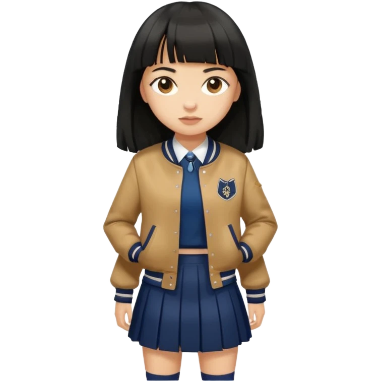 hair : black long hair with fringe 
skin : light 
cloth : brown varsity jacket + navy long long school girl skirt 


 emoji