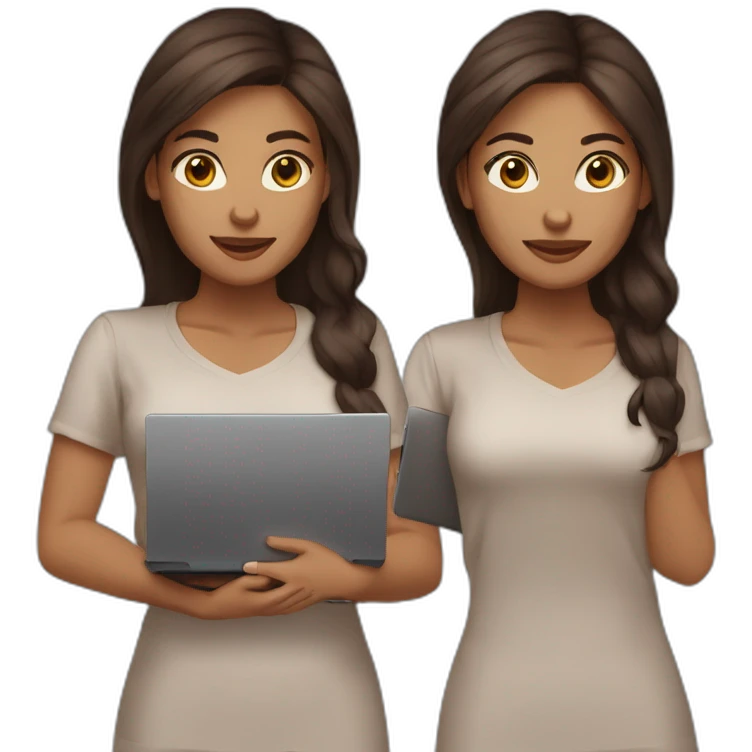 woman light medium brown skin long y dark brown hair with laptop, brown eyes emoji