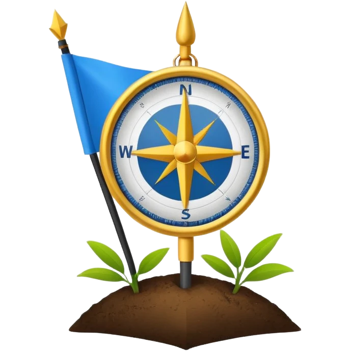 A minimal emoji of a compass pointing toward a planted flag. Flat design, confident colors, modern emoji style. Represents choosing direction and seeing it through to completion. Avoid corporate or motivational poster aesthetics. emoji