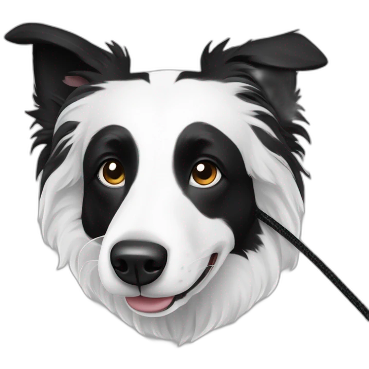 A black and white border collie with an skewed to the left white spot on his head chewing cord emoji