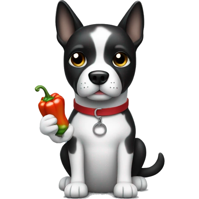 Black and White Dog holding a pepper shaker (not an actual pepper) emoji